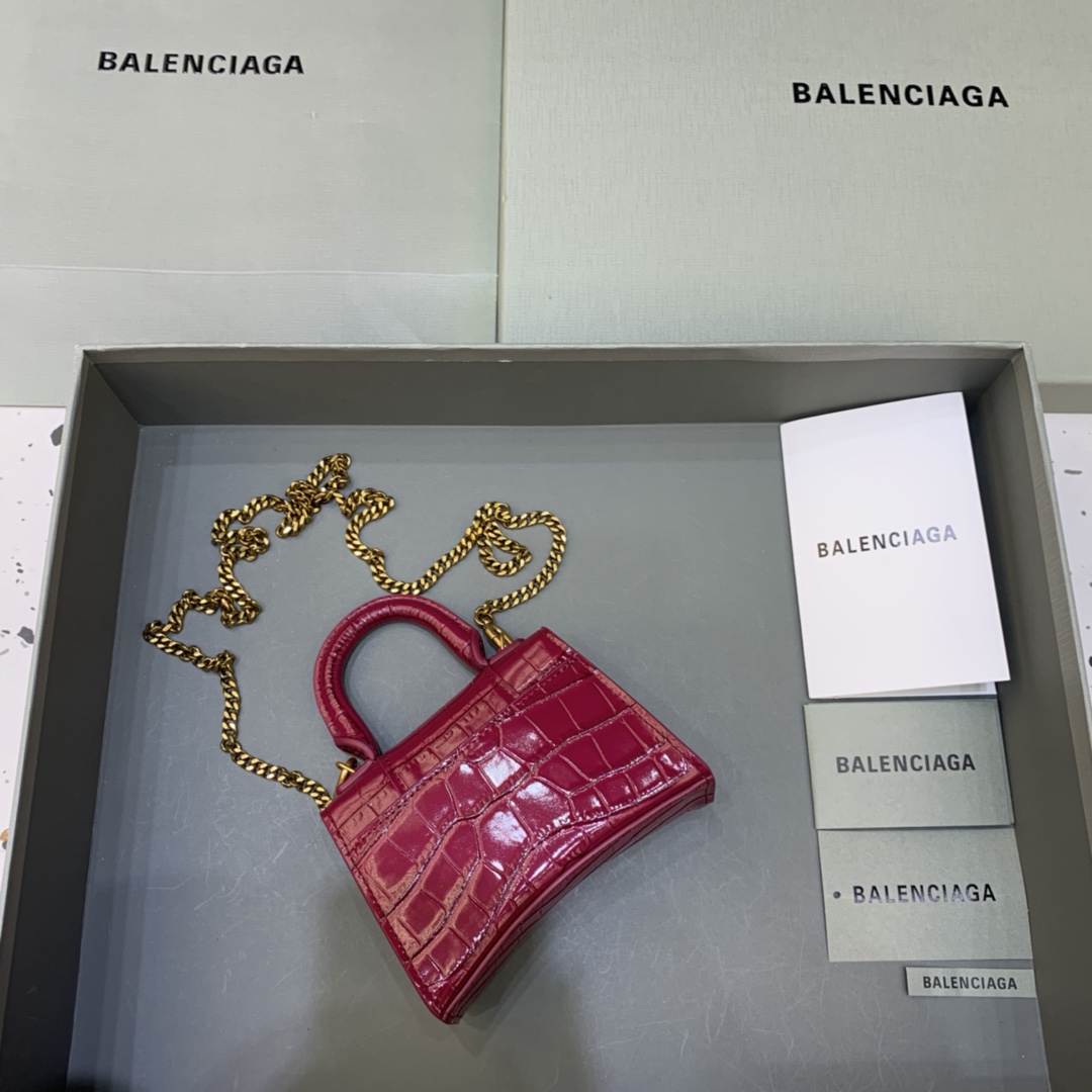 Balenciaga Hourglass Mini Handbag With Chain Crocodile Embossed Shoulder Bag Dark red